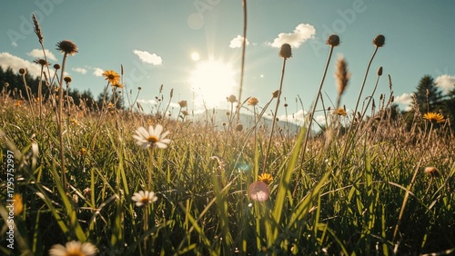 Fototapeta Naklejka Na Ścianę i Meble -  Sunlight over a meadow with wildflowers, capturing a peaceful and natural scene.