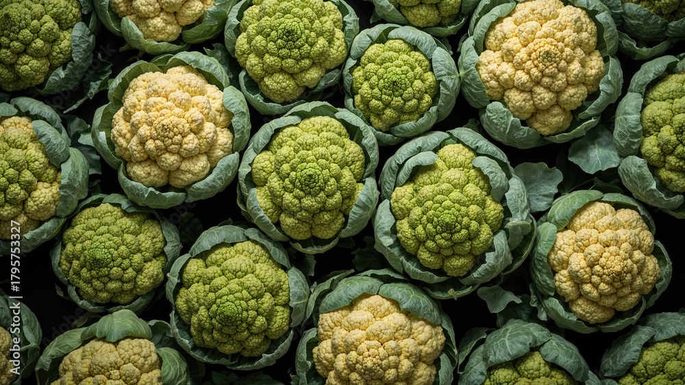 Fototapeta premium Fresh cauliflower with green leaves surrounding the heads. Produce, vegetables, healthy food. The image of cauliflower heads arranged closely together.