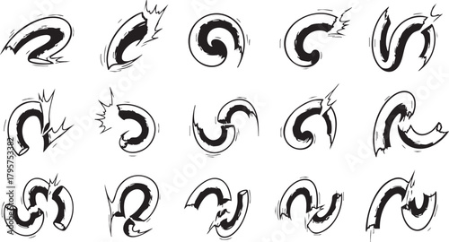 Collection of dynamic swirling brush strokes vector design elements black and white comic book style