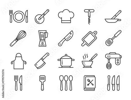 Kitchen cooking tools outline icon set