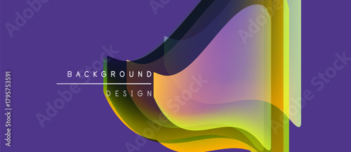 Abstract layers overlap, creating vibrant color gradients. Purple backdrop emphasizes flowing shapes, modern design elements.