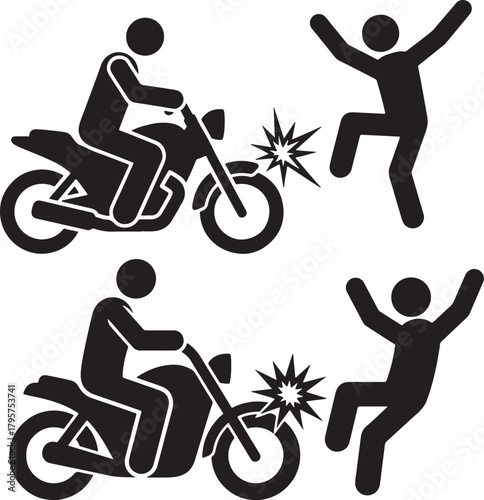 Motorcycle collision with pedestrian in a stark black silhouette style