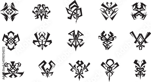 Abstract symbols set futuristic geometric insignia collection ornamental and decorative sharp edged logos