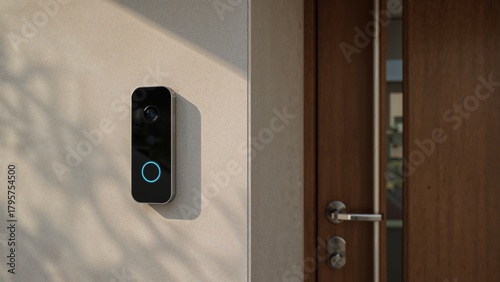 A smart doorbell mounted on a wall near a door, with shadows and a modern design. The door and handle are visible, indicating an entryway or home security system.