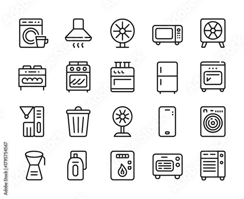 Home appliances and household electronics line icon collection
