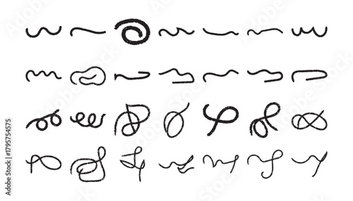 Collection of abstract hand drawn curly line art symbols and doodles