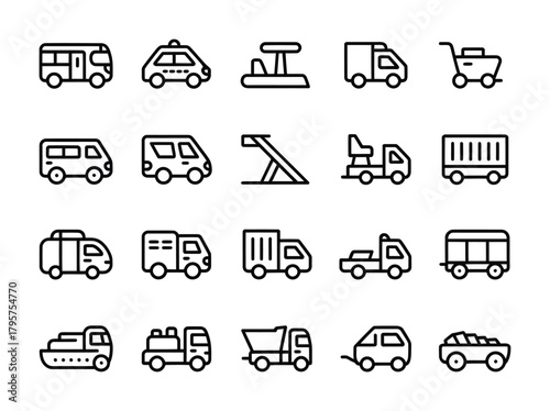 Transport and vehicle line icons for travel logistics and delivery