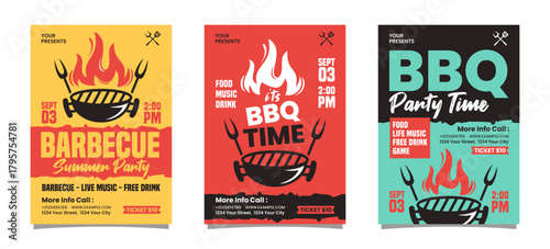 Set Of BBQ Summer Party Flyer or Poster, invitation template