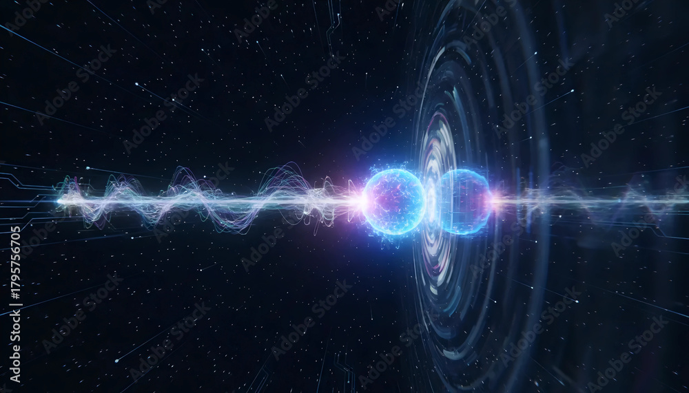 Obraz premium Quantum Entanglement Visualization | Particle Physics in Deep Space | Sci-Fi Quantum Communication Concept