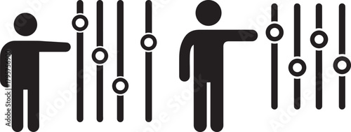 Two figures interacting with vertical lines and circles silhouette