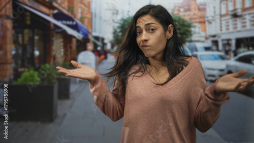 Fotografija Young hispanic woman shrugs shoulders palms up on busy city street with raised hands and puzzled expression; uncertainty