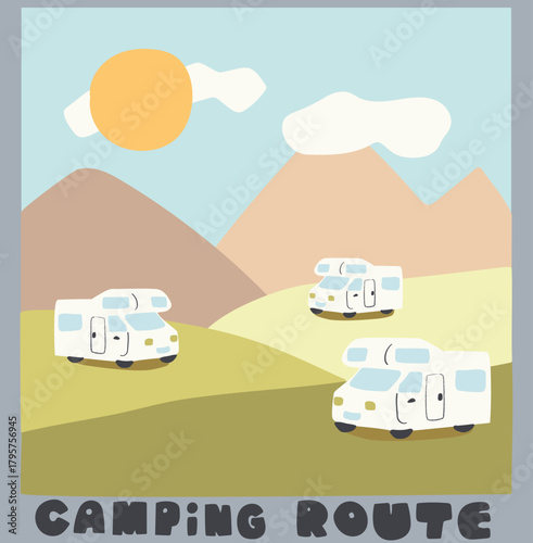 Hand drawn camping route bus on mountain area,vector graphic design for apparel, stickers, posters, background and others, cute bus placement.