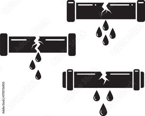 Leaking pipes with cracks and dripping water silhouette