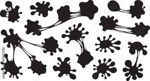 Black sticky slime goo spots set stretched liquid dripping blobs collection monster texture elements