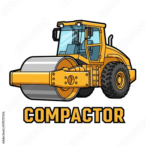Detailed Illustration of a Yellow Road Compactor for Construction