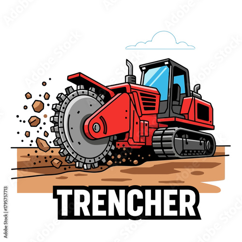 Trencher Machine Cartoon Heavy Equipment Digging Tool Vector Illustration