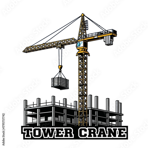 Construction Tower Crane over Building Framework Illustration