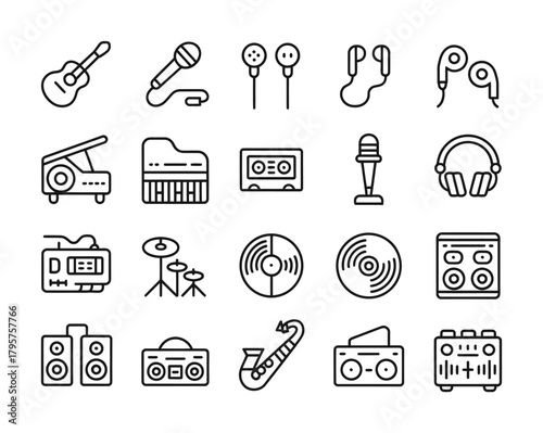 Music instruments audio devices and sound equipment line icon set