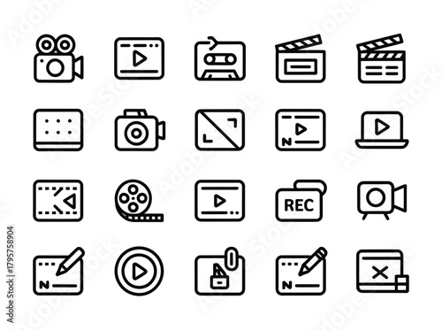 Video media filmmaking editing and content creation line icon set