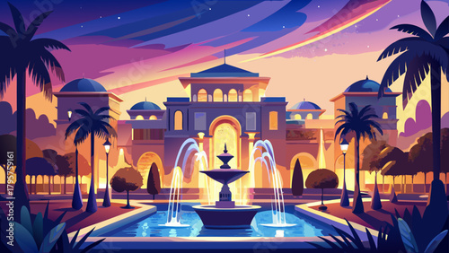 Very beautiful evening water-show scene with elegant fountains dancing in front of a grand luxury resort building, captured with sparkling lights, graceful arcs of water, and a vibrant city atmosphere
