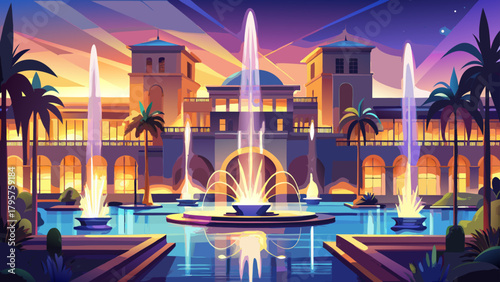 Very beautiful evening water-show scene with elegant fountains dancing in front of a grand luxury resort building, captured with sparkling lights, graceful arcs of water, and a vibrant city atmosphere