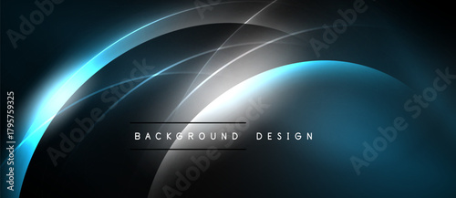 Abstract blue neon lines create dynamic curves. Dark background emphasizes bright glow, modern design elements present.
