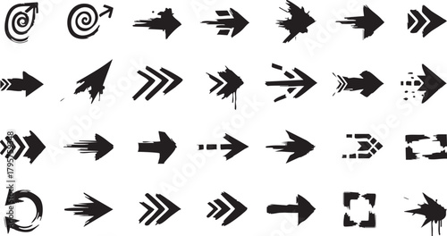 Collection of grunge brush stroke and distressed abstract arrow icons pointing right and in circular shapes