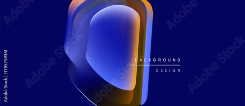 Abstract design features layered shapes, vibrant blues, oranges. Gradient effects create depth, modern aesthetic. Minimal text present.