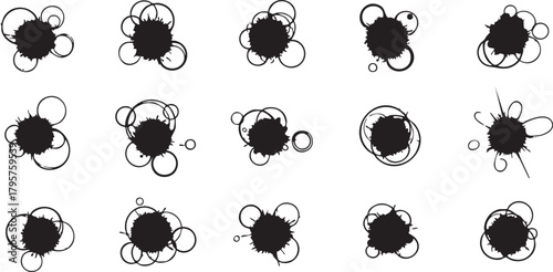 Abstract ink splatters surrounded by white circles liquid blots with bubbles graphic design elements set