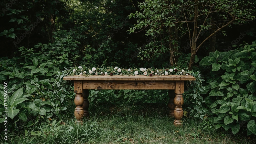 Naklejka premium A wooden table placed outdoors amidst lush green foliage and plants in a garden setting.