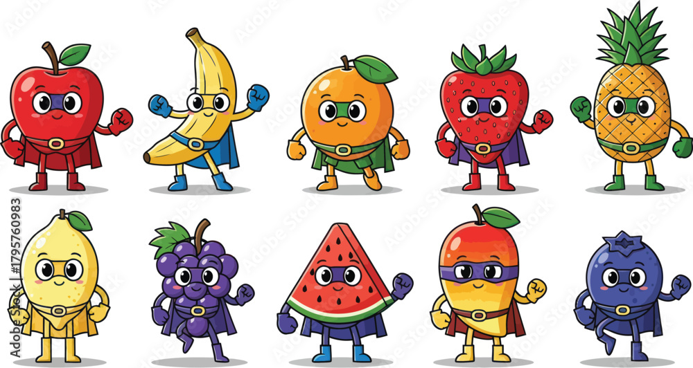 Obraz premium Vibrant superhero fruits assemble for healthy fun, inspiring kids and promoting wellness with playful cartoon characters