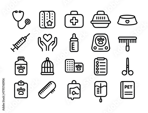 Veterinary pet healthcare medical line icon set for clinic and animal care