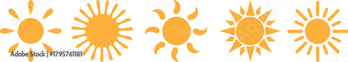 yellow orange sun icons collection with radiating rays starburst patterns for weather daylight sunshine summer solar energy symbols isolated on white background.