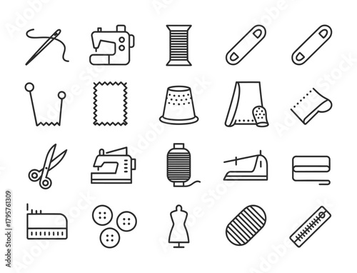 Sewing tailoring and textile tool line icon set for craft and fashion design