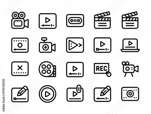 Video creation multimedia editing and filming line icon set for content