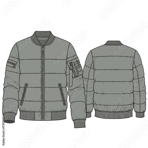 Front and back view of a grey puffer bomber jacket fashion flat sketch with pockets and zipper