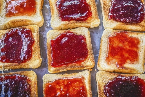 Assorted toast with strawberry jam and jelly spreads in close-up view