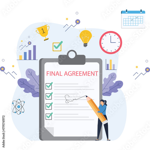 Closing a final agreement with modern business strategy and success  flat illustration