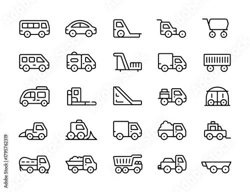 Vehicle and transport line icon set for cars trucks vans and machines