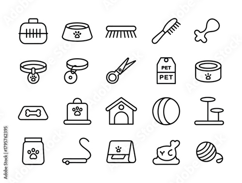 Pet care accessories outline icon set for animals and grooming supplies