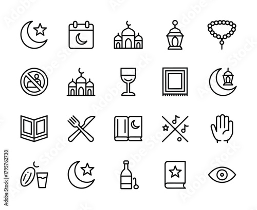 Islamic festival Ramadan celebration line icon set for cultural elements