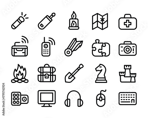 Travel essentials and outdoor equipment line icon set for adventure
