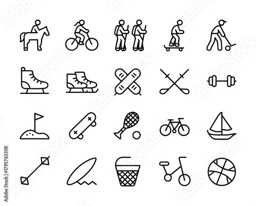 Outdoor sports activity outline icon set for games and recreation