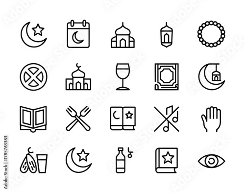 Islamic festival culture line icons for Ramadan Eid and religious elements