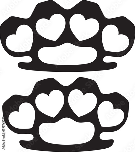 Two black silhouettes of brass knuckles with heart shaped finger holes