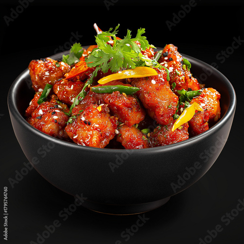 create png image of side views of red hot chilli chicken in a black bowl with perfect garnish with little gravy

