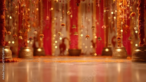 Navratri festival background, Buddhist religious ceremony in the temple, close-up.  golden garlands and red background, selective focus, golden temple bells, and marigold garlands.