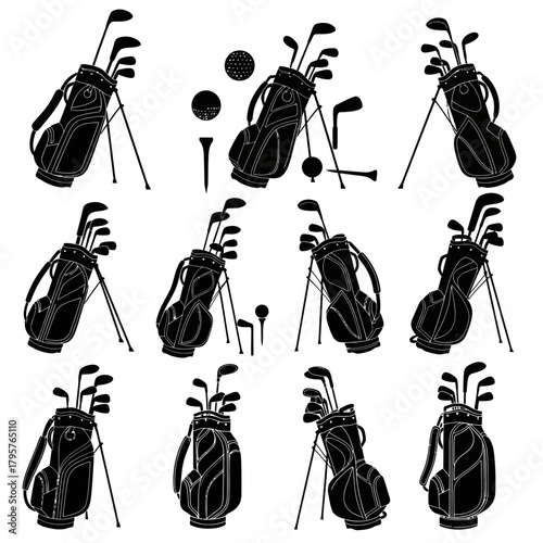 Collection of black silhouette icons representing golf bags filled with clubs, golf balls, and tees, displayed against a