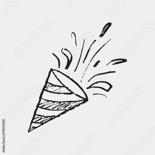 Hand drawn party popper with bursting confetti and streamers. Happy Birthday symbol, holiday celebration. Vector sketch illustration in vintage crayon charcoal style.