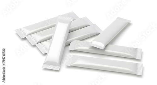 Pile of blank white individual sachets or stick packs on a white background